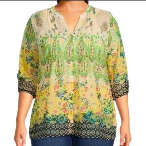 Anthro Figueroa‎ and Flower Top Womens XL Floral Boho Peasant 3/4 Sleeve Blouse